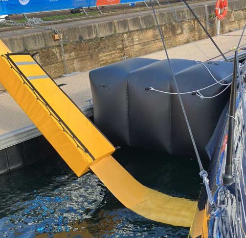 Fendacube yacht fender, designed for use where a vessel needs to be held well away from the dock.